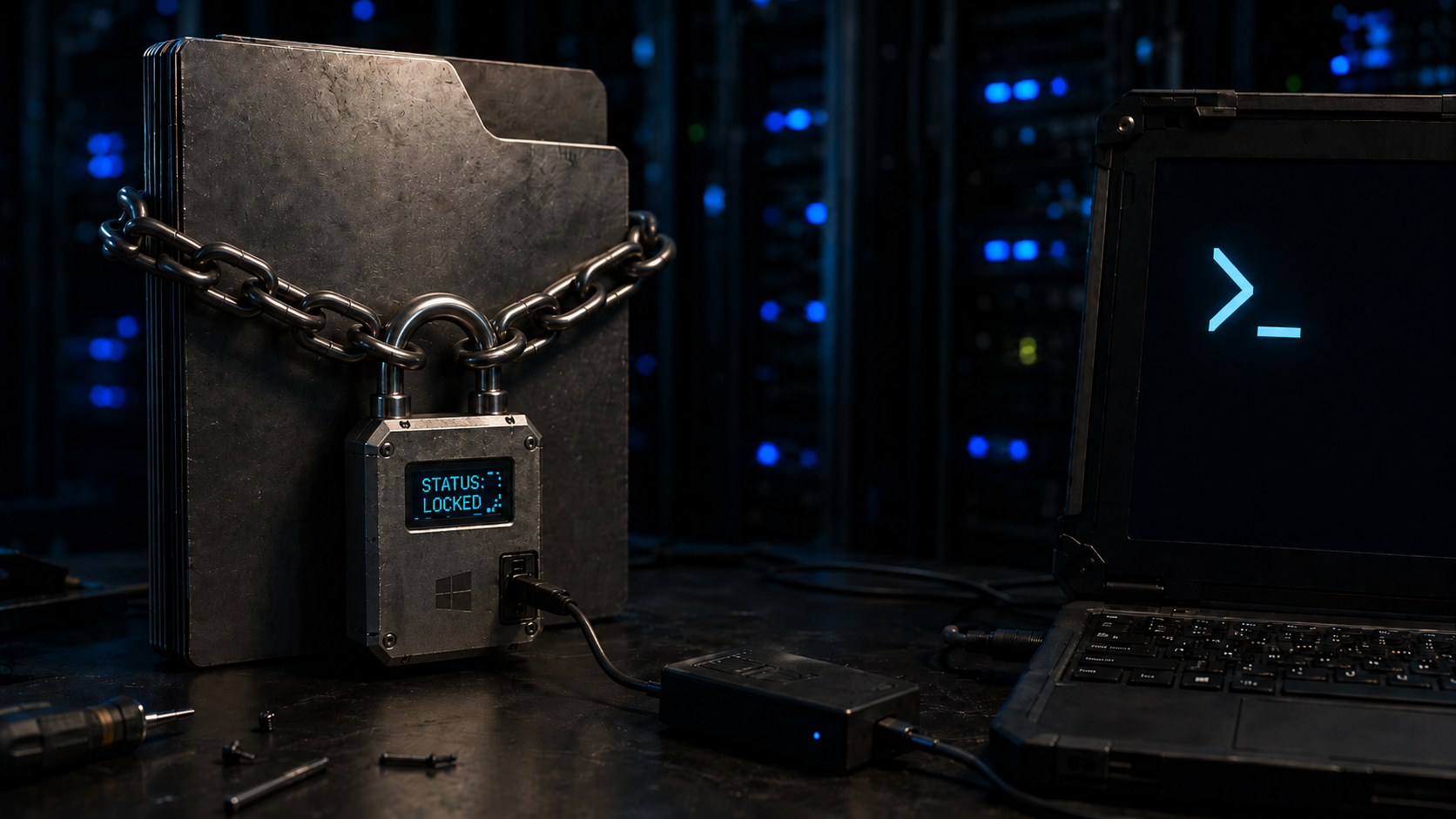 Cadenas électronique verrouillant un fichier Windows, relié à un ordinateur affichant un terminal PowerShell.