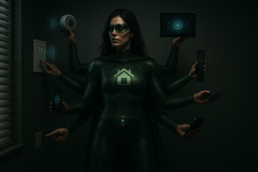 Super-héroïne de la domotique contrôlant son installation Jeedom avec des équipements connectés