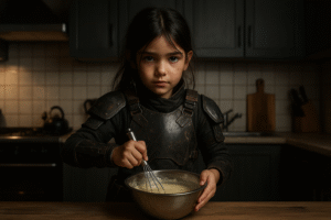 Fillette brune de 8 ans, en tenue tactique sombre abîmée, tenant un fouet et un cul de poule rempli de pâte à crêpes, concentrée dans une cuisine sombre.