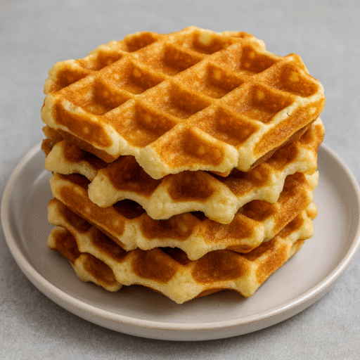 Gaufres maison irrégulières empilées sur une assiette, dorées et épaisses, avec des bords non uniformes comme une vraie cuisson familiale.