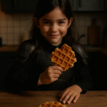Jeune fille debout dans une cuisine, vêtue d’une armure noire, accoudée au plan de travail et tenant une gaufre maison irrégulière, avec un sourire malicieux.