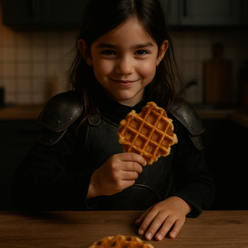 Jeune fille debout dans une cuisine, vêtue d’une armure noire, accoudée au plan de travail et tenant une gaufre maison irrégulière, avec un sourire malicieux.
