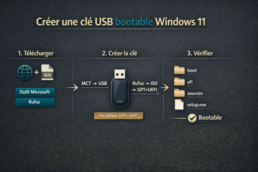 cle usb installation windows: téléchargement, création (MCT ou Rufus) et vérification des fichiers boot/efi/sources