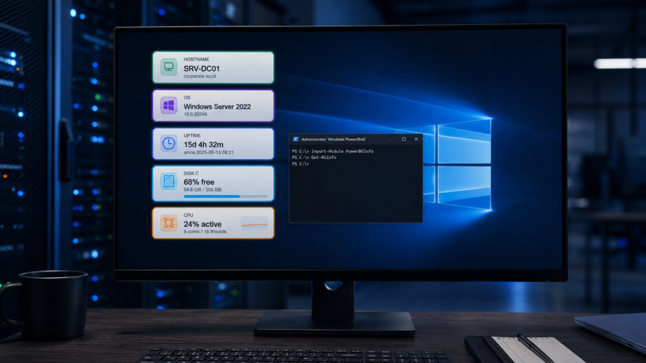 PowerBGInfo sur un écran Windows Server avec tuiles système et terminal PowerShell