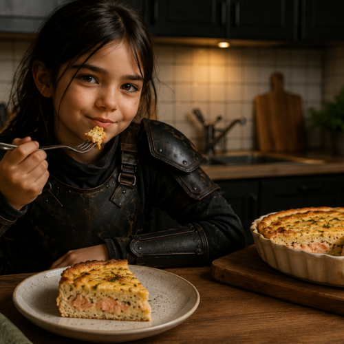 Lana déguste une quiche sans pâte au saumon faite maison