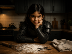 Lana, une jeune cuisinière en armure noire, dans sa cuisine, prête à partager ses recettes.